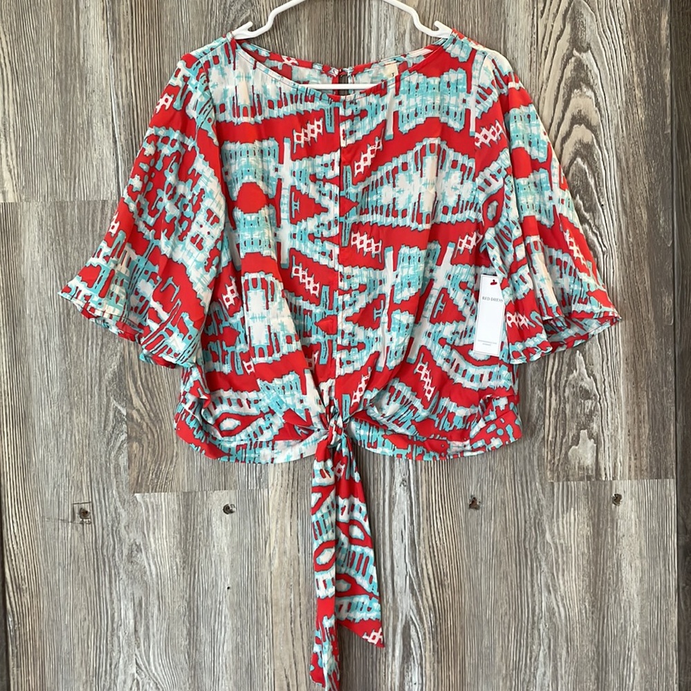 Tyche turquoise and red print crop blouse, L